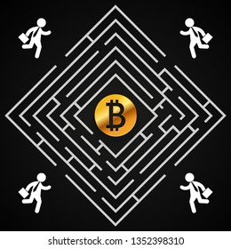 Bitcoin square labyrinth - businessman run to collect bitcoin- who will find it?
