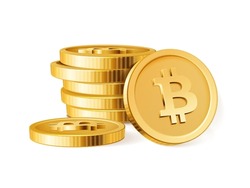 Bitcoin stack. Golden BTC cryptocurrency 3D realistic coins pile. Blockchain, crypto business and deposit, investment and virtual payment vector concept.