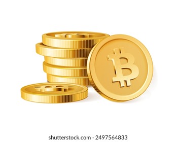 Bitcoin stack. Golden BTC cryptocurrency 3D realistic coins pile. Blockchain, crypto business and deposit, investment and virtual payment vector concept.