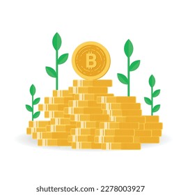 Bitcoin stack with growth fund. Flat icon. Vector illustration