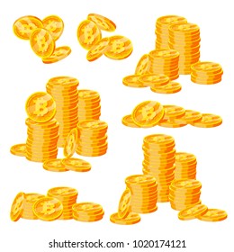 Bitcoin Stacks Set Vector. Crypto Currency. Virtual Money. Isolated Flat Cartoon Illustration