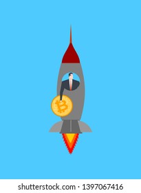 Bitcoin start on rocket. ВЕС price rising. Cryptocurrency price increase. Business concept in crypto exchange