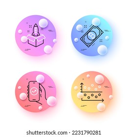 Bitcoin, Startup and Dot plot minimal line icons. 3d spheres or balls buttons. Financial app icons. For web, application, printing. Cryptocurrency coin, Innovation, Presentation graph. Vector