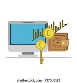 bitcoin statistics bars growing currency and key and wallet and desktop computer vector illustration