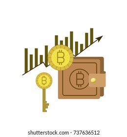 bitcoin statistics bars growing currency and key and wallet vector illustration