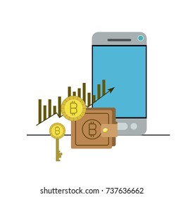 bitcoin statistics bars growing currency and key and wallet and smartphone vector illustration