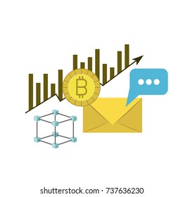 bitcoin statistics bars growing and mail envelope vector illustration