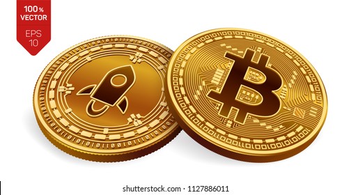 Bitcoin. Stellar. 3D isometric Physical coins. Digital currency. Cryptocurrency. Gold coin with Stellar symbol and golden coin with bitcoin symbol isolated on white background. Vector illustration.