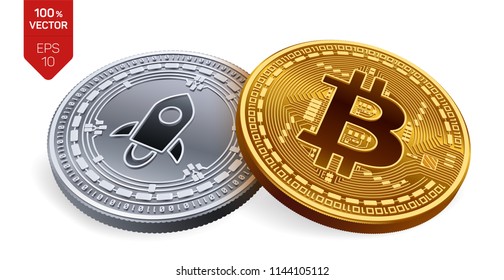 Bitcoin. Stellar. 3D isometric Physical coins. Digital currency. Cryptocurrency. Silver coin with Stellar symbol and golden coin with Bitcoin symbol isolated on white background. Vector illustration.