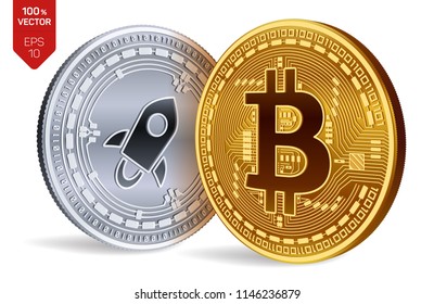 Bitcoin. Stellar. 3D isometric Physical coins. Digital currency. Cryptocurrency. Silver coin with Stellar symbol and golden coin with Bitcoin symbol isolated on white background. Vector illustration.