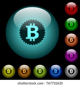 Bitcoin sticker icons in color illuminated spherical glass buttons on black background. Can be used to black or dark templates