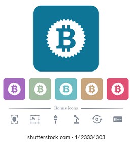 Bitcoin sticker white flat icons on color rounded square backgrounds. 6 bonus icons included