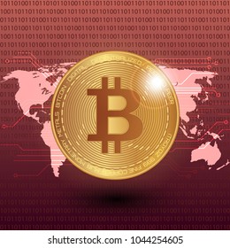 Bitcoin stock vector illustration. Digital currency. Cryptocurrency. Golden coin with bitcoin symbol on the red background and world map.