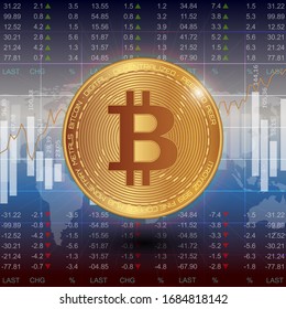 Bitcoin stock vector illustration. Digital currency. Cryptocurrency. Golden coin with bitcoin symbol on the world map with the stock market diagram.