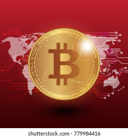 Bitcoin stock vector illustration. Digital currency. Cryptocurrency. Golden coin with bitcoin symbol on the red background and world map.