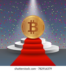 Bitcoin stock vector illustration. Digital currency. Cryptocurrency. Golden coin with bitcoin symbol on the red carpet and on the podium surrounded by the confetti. 
