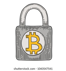 Bitcoin stock vector image, digital currency, cryptocurrency money, bitcoin symbol. Doodle and engraved style illustration, hand drawn, lock. Isolated on white background.