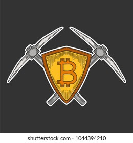Bitcoin stock vector image, digital currency, cryptocurrency money, pick axe, bitcoin symbol. Doodle and engraved style illustration, hand drawn.
