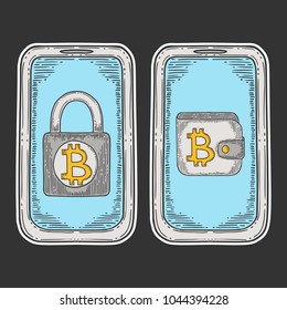 Bitcoin stock vector image, digital currency, cryptocurrency money, cellphone, bitcoin symbol. Doodle and engraved style illustration, hand drawn.