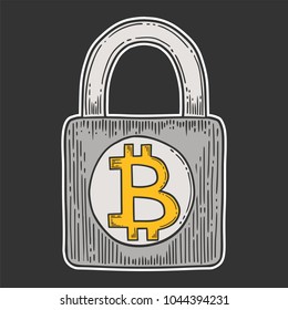 Bitcoin stock vector image, digital currency, cryptocurrency money, bitcoin symbol. Doodle and engraved style illustration, hand drawn, lock.
