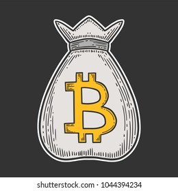 Bitcoin stock vector image, digital currency, cryptocurrency money, bitcoin symbol. Doodle and engraved style illustration, hand drawn, bag.