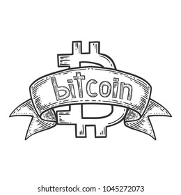 Bitcoin stock vector image, digital currency, cryptocurrency money, bitcoin symbol with ribbon. Doodle and engraved style illustration, hand drawn. Isolated on white background.