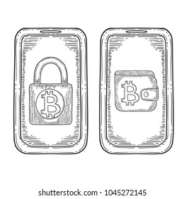 Bitcoin stock vector image, digital currency, cryptocurrency money, cellphone, bitcoin symbol. Doodle and engraved style illustration, hand drawn. Isolated on white background.