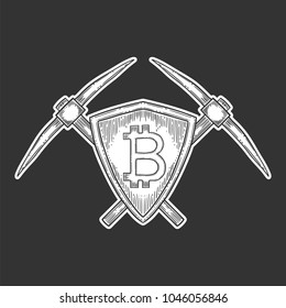 Bitcoin stock vector image, digital currency, cryptocurrency money, pick axe, bitcoin symbol. Doodle and engraved style illustration, hand drawn.