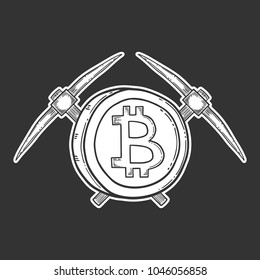 Bitcoin stock vector image, digital currency, cryptocurrency money, pick axe, bitcoin symbol. Doodle and engraved style illustration, hand drawn.