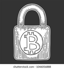 Bitcoin stock vector image, digital currency, cryptocurrency money, bitcoin symbol. Doodle and engraved style illustration, hand drawn, lock.