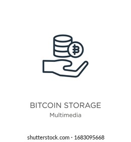 Bitcoin storage icon. Thin linear bitcoin storage outline icon isolated on white background from multimedia collection. Line vector sign, symbol for web and mobile