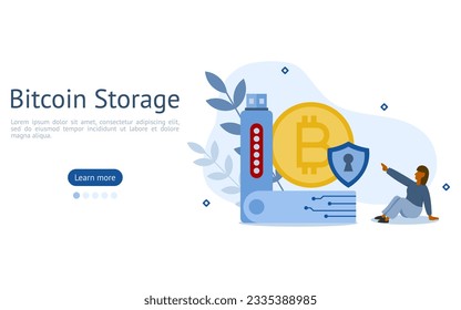 bitcoin storage illustration set. characters use cold wallets for store bitcoins, that are required to access wallet. digital wallet concept.