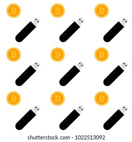 Bitcoin storage seamless pattern. Vector money bitcoin and usb stick flash driver illustration