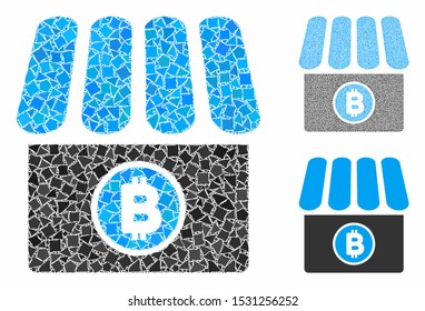Bitcoin store composition of bumpy parts in different sizes and color tints, based on Bitcoin store icon. Vector unequal parts are composed into illustration.