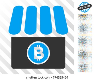Bitcoin Store icon with 7 hundred bonus bitcoin mining and blockchain pictures. Vector illustration style is flat iconic symbols design for crypto currency apps.