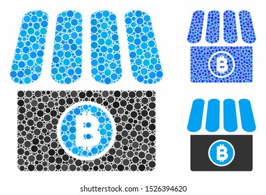 Bitcoin store mosaic for Bitcoin store icon of circle elements in variable sizes and color hues. Vector round elements are grouped into blue collage.