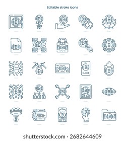 Icono de trazo de Bitcoin. Conjunto de iconos de línea de Bitcoin. paquete de iconos de trazo editable
