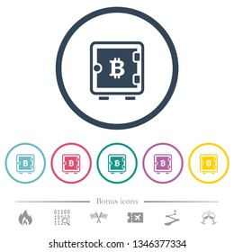 Bitcoin strong box flat color icons in round outlines. 6 bonus icons included.