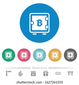 Bitcoin strong box flat white icons on round color backgrounds. 6 bonus icons included.