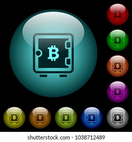 Bitcoin strong box icons in color illuminated spherical glass buttons on black background. Can be used to black or dark templates