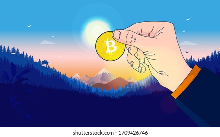 Bitcoin success in sunrise. Hand holding one bitcoin in front of sun in beautiful landscape. New economy, fresh start and positive outlook for crypto currency concept. Vector illustration.