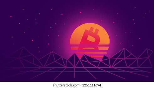 Bitcoin as sun going down conceptual retro futuristic abstract drawing. Vector. 