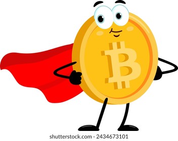 Bitcoin SuperHero Cartoon Character. Vector Illustration Flat Design Isolated On Transparent Background