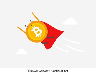 Bitcoin superhero flies through the clouds. Cryptocurrency cartoon concept.