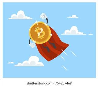 Bitcoin Superhero Flies Through The Clouds. Cartoon Style Vector Illustration.