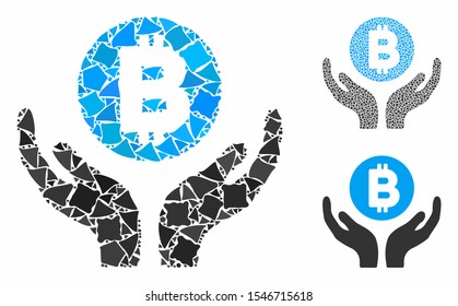 Bitcoin support hands composition of abrupt elements in different sizes and shades, based on Bitcoin support hands icon. Vector rugged elements are united into composition.