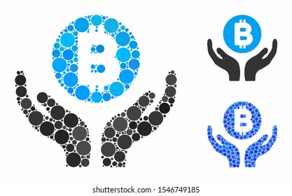 Bitcoin support hands mosaic of circle elements in various sizes and color tones, based on Bitcoin support hands icon. Vector circle elements are organized into blue mosaic.