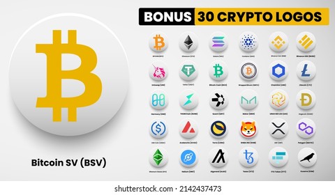 Bitcoin SV BSV  crypto logo symbols of cryptocurrency. Set of Bitcoin, Ethereum, Solana, Binance Coin, Binance USD, litecoin,avalanche, chainlink, maker, dogecoin, USD Coin, Shiba Inu, and Polygon