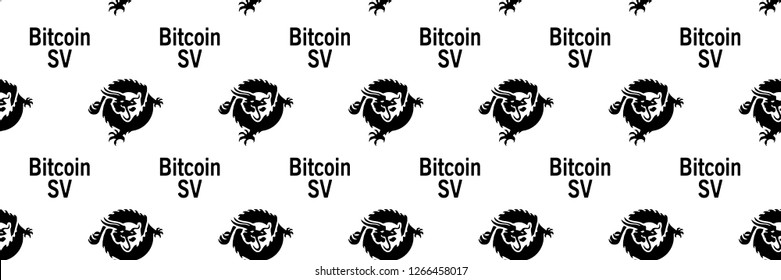 Сryptocurrency Bitcoin SV (Bitcoin Cash SV) - seamless pattern. Black emblems (dragon, similar to official cryptocurrency logo) and inscription "Bitcoin SV", white background.