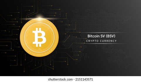 Símbolo criptodivisa de la moneda de Bitcoin SV. Moneda criptográfica con inversión en bolsa. Icono de moneda en fondo oscuro. Concepto de financiación de las tendencias económicas. Ilustración vectorial 3D.